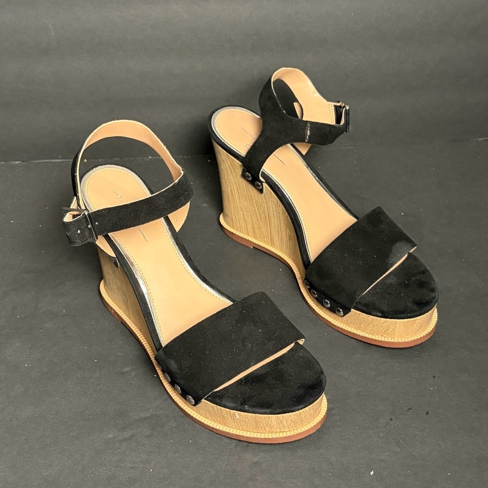 Linea Paolo Ella Black Suede Leather Wedge Ankle Strap Sandals Size 9 M